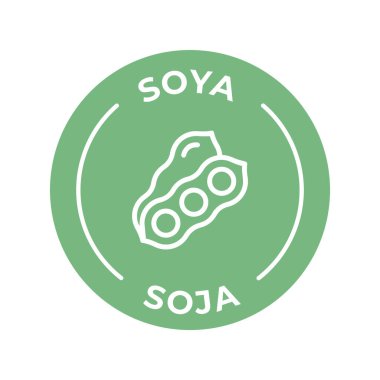 İzole Vektör Logo İçindekiler Uyarı Etiketi. Renkli Alerjenler simgeleri. Yiyecek Dayanıksızlığı Soya. İspanyolca ve İngilizce yazılmış.