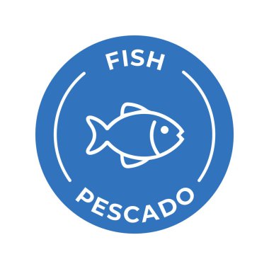 İzole Vektör Logo İçindekiler Uyarı Etiketi. Renkli Alerjenler simgeleri. Yiyecek Hoşgörüsüzlüğü Balığı. İspanyolca ve İngilizce yazılmış.