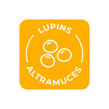 Basit İzole Vektör Logo İçindekiler Uyarı Etiketi. Renkli Alerjenler simgeleri. Yiyecek Hoşgörüsüzlüğü Lupinleri. İspanyolca ve İngilizce yazılmış.