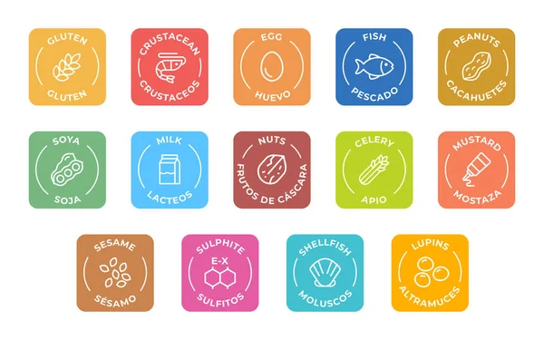 Geïsoleerde Vector Logo Set Badge Ingrediënt Waarschuwing Etiket Kleurrijke Allergenen — Stockvector