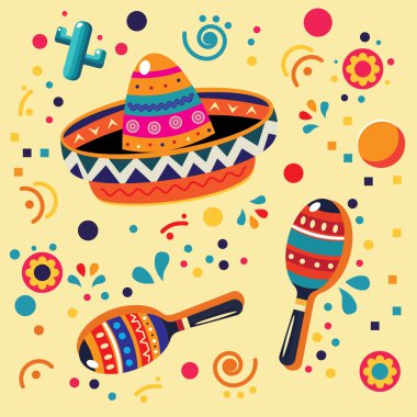 Meksikalı sombrero. Charro kovboy ve mariachi müzisyen şapkaları, Cinco de Mayo fiesta parti dekorasyonu kovboy mariachi çizgi film seti, Meksika sombrero