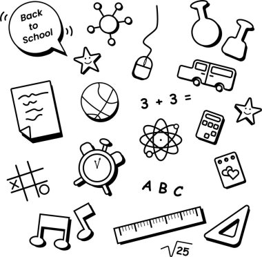 Okul not defterine karalamalar. Okula dönelim. Okul malzemeleri ve öğeler bir defter sayfasına çizilir. El çizimi vektör illüstrasyonu