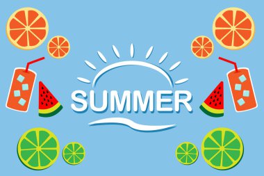 Düz turuncu ve karpuz dilimli ve üç limonlu mavi arka planlı farklı bir yaz tasarımı. Kombinasyon metin başlığı modifikasyonu