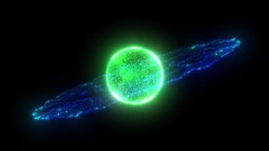 Karanlık bir arka planda parlayan parçacıkların ve sihirli dalgaların soyut döngülü enerji küresi, video 4k