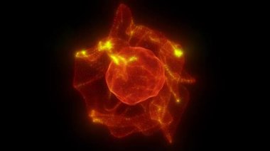 Karanlık bir arka planda parlayan parçacıkların ve sihirli dalgaların soyut döngülü enerji küresi, video 4k