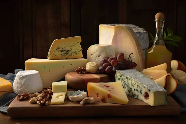 This captivating image showcases an assortment of delectable cheeses presented on a rustic cheese board, creating a visually stunning and irresistible arrangement. Perfect for use in food and wine advertisements, restaurant menus, or food blogs, thi