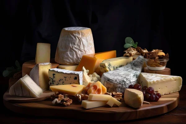 This captivating image showcases an assortment of delectable cheeses presented on a rustic cheese board, creating a visually stunning and irresistible arrangement. Perfect for use in food and wine advertisements, restaurant menus, or food blogs, thi