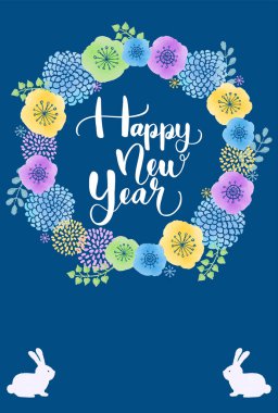2023 Tavşan Yeni Yıl Kartı İskandinav tarzı suluboya çiçek çelengi ve tavşan dokunuşu