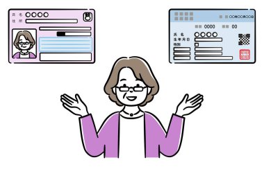 Illustration of a senior woman explaining the integration of my number card and health insurance card clipart