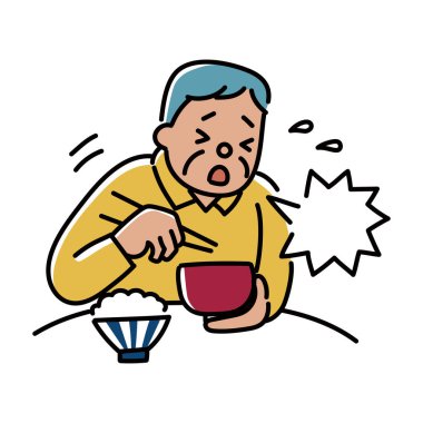 Çorba ile boğulan yaşlı bir adamın resmi. Kullanımı kolay vektör materyali..