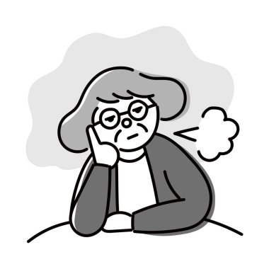 Günlük yaşamında kendini tatmin olmamış hisseden yaşlı bir kadının monokrom çizimi. Kullanımı kolay vektör materyali..