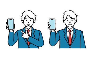 Akıllı telefon 2 pozunu gösteren bir erkek öğrencinin basit bir çizimi.