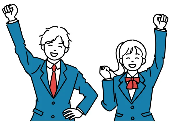 一个简单的例子 男女学生笑着举起拳头 — 图库矢量图片