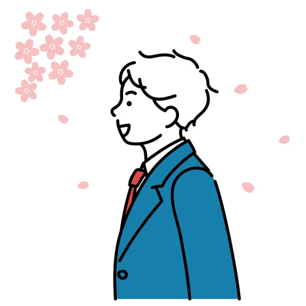 Egyszerű Illusztrációja Egy Férfi Diák Profilját Cseresznyevirág Szezon — Stock Vector