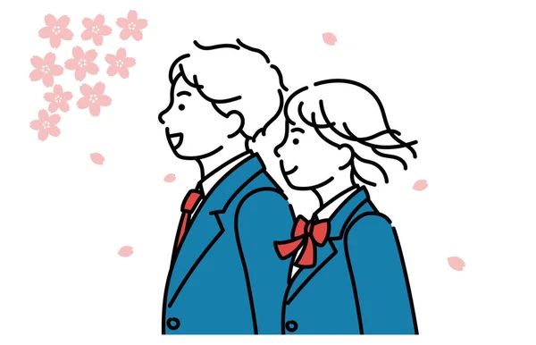 Profil Jednoduchý Ilustrace Mužských Ženských Studentů Sezóna Kvetoucích Třešní — Stockový vektor