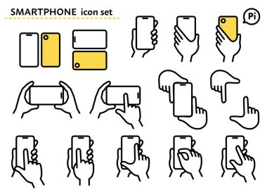 Basit çizgi çizimi olan akıllı telefon ve el simgesi