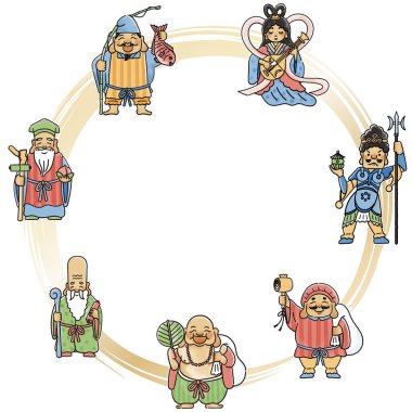 Simple and cute circular frame with illustrations of the Seven Lucky Gods clipart