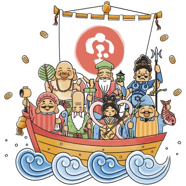 A simple and cute illustration of the Seven Lucky Gods and a treasure ship clipart