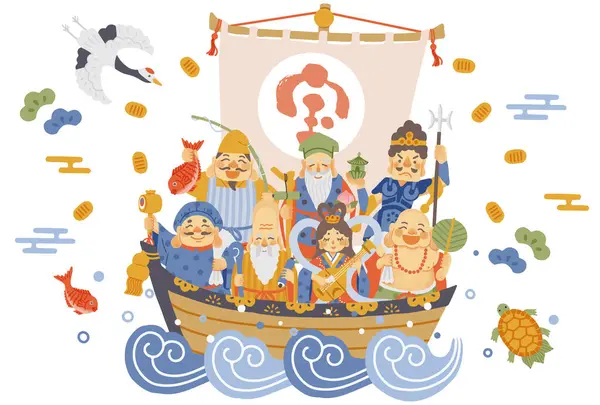 Stock vector A simple and cute illustration of the Seven Lucky Gods and a treasure ship