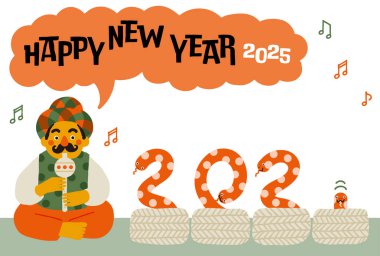 2025 Year of the Snake new year card. Comical Snake Charmer Illustration. clipart