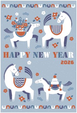2026 Hores yeni yıl kartı illüstrasyonu (Bir anne ve yavru atıyla renkli bir yeni yıl kutlaması))