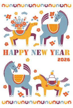 2026 Hores yeni yıl kartı illüstrasyonu (Bir anne ve yavru atıyla renkli bir yeni yıl kutlaması))