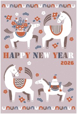 2026 Hores yeni yıl kartı illüstrasyonu (Bir anne ve yavru atıyla renkli bir yeni yıl kutlaması))