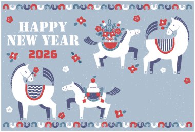 2026 Hores yeni yıl kartı illüstrasyonu (Bir anne ve yavru atıyla renkli bir yeni yıl kutlaması))