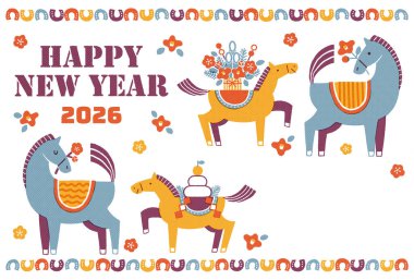 2026 Hores yeni yıl kartı illüstrasyonu (Bir anne ve yavru atıyla renkli bir yeni yıl kutlaması))