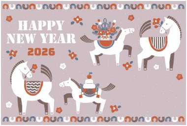 2026 Hores yeni yıl kartı illüstrasyonu (Bir anne ve yavru atıyla renkli bir yeni yıl kutlaması))