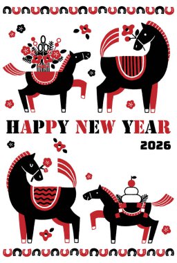 2026 Hores yeni yıl kartı illüstrasyonu (Bir anne ve yavru atıyla renkli bir yeni yıl kutlaması))