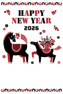 2026 Hores yeni yıl kartı illüstrasyonu (Bir anne ve yavru atıyla renkli bir yeni yıl kutlaması))