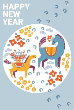 2026 yılbaşı kartı illüstrasyonu (atın ve atın ayak izlerinin ebeveyni ve çocuğu)