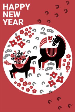 2026 yılbaşı kartı illüstrasyonu (atın ve atın ayak izlerinin ebeveyni ve çocuğu)