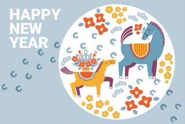 2026 yılbaşı kartı illüstrasyonu (atın ve atın ayak izlerinin ebeveyni ve çocuğu)