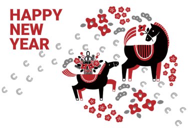 2026 yılbaşı kartı illüstrasyonu (atın ve atın ayak izlerinin ebeveyni ve çocuğu)