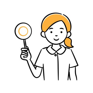 Genç bir kadın tıp uzmanının doğru bir etiket taşıdığının basit bir çizimi..