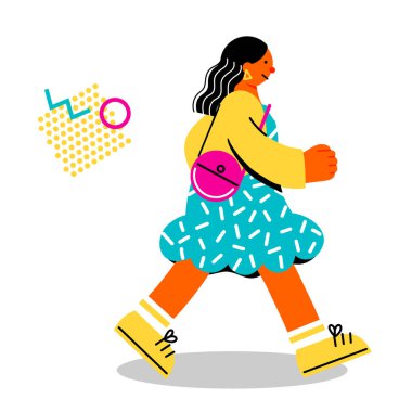 Genç bir bayanın neşeli yürüyüşünün renkli bir çizimi.