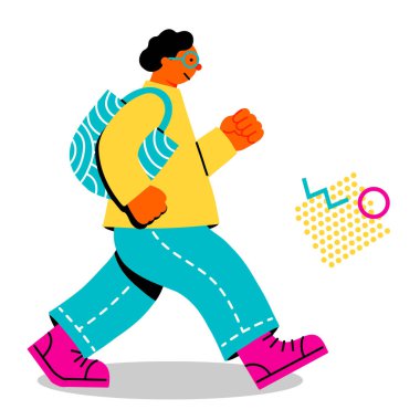 Genç bir adamın neşeli yürüyüşünün renkli bir çizimi.