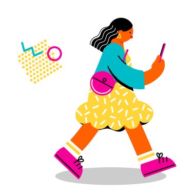 Pop ve telefonuna bakarken yürüyen genç bir kadının renkli çizimleri.