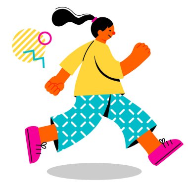 Pop ve neşeli koşan genç bir kadının renkli bir çizimi.