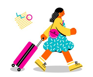 Genç bir bayanın bavulu çekerken yürüdüğünü gösteren renkli bir resim.