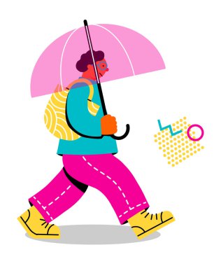 Genç bir adamın neşeli yürüyüşünün renkli bir çizimi.