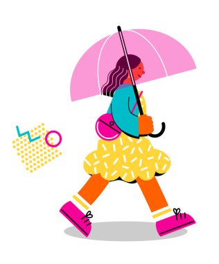 Genç bir bayanın neşeli yürüyüşünün renkli bir çizimi.