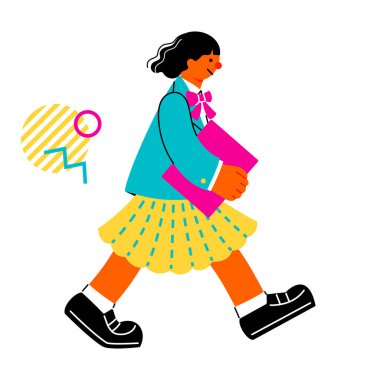 Elinde dosyayla neşeyle yürüyen bir kız öğrencinin renkli bir çizimi.