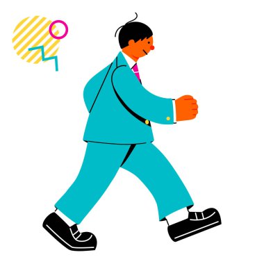 Pop ve renkli bir resim, neşeyle yürüyen bir erkek öğrencinin.