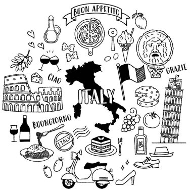 simple and cute illustration set related to Italy (monochrome)
