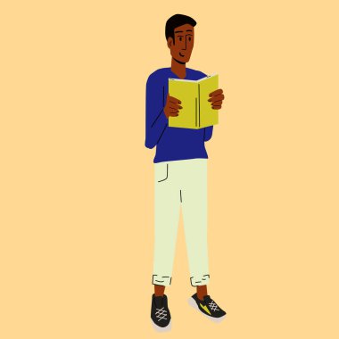 Siyah tenli adamlar ayakta durup kitap okuyorlar. Afrikalı esmer genç erkek düz stil vektör çizimi öğreniyor