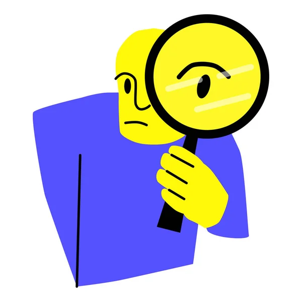 Muž Podívá Přes Lupu Žlutý Muž Drží Čočku Ikona Vektorová — Stockový vektor