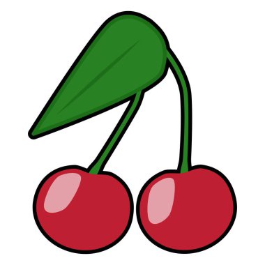 İki kırmızı kiraz ve düz bir yaprak. Siyah çizgili. Meyve ikonu, sağlıklı yiyecek, mevsimlik böğürtlen